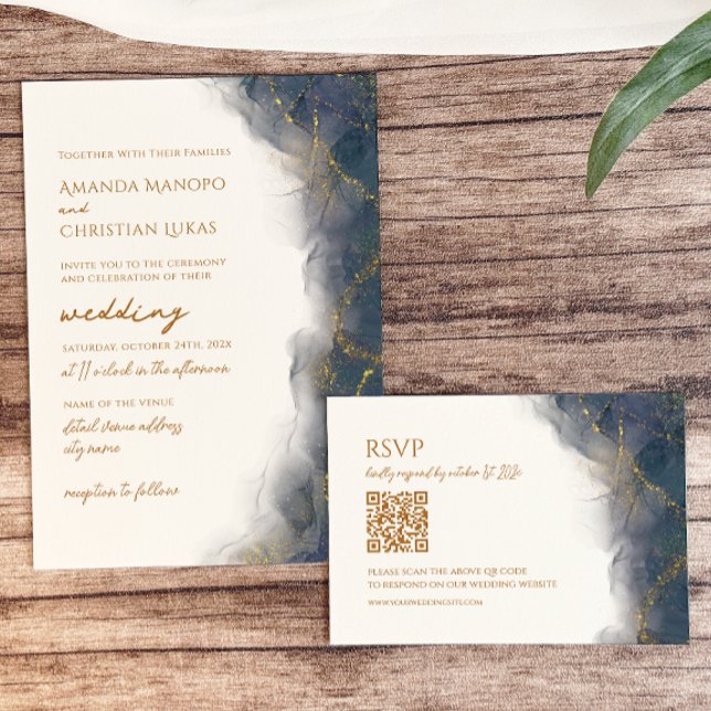 Elegant Navy Blue Guld Marble Typography Bröllop Inbjudningar (Skapare uppladdad)