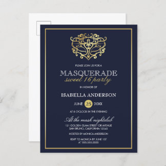Elegant Navy Blue & Guld Masquerad Sweet 16 Party Inbjudan Vykort