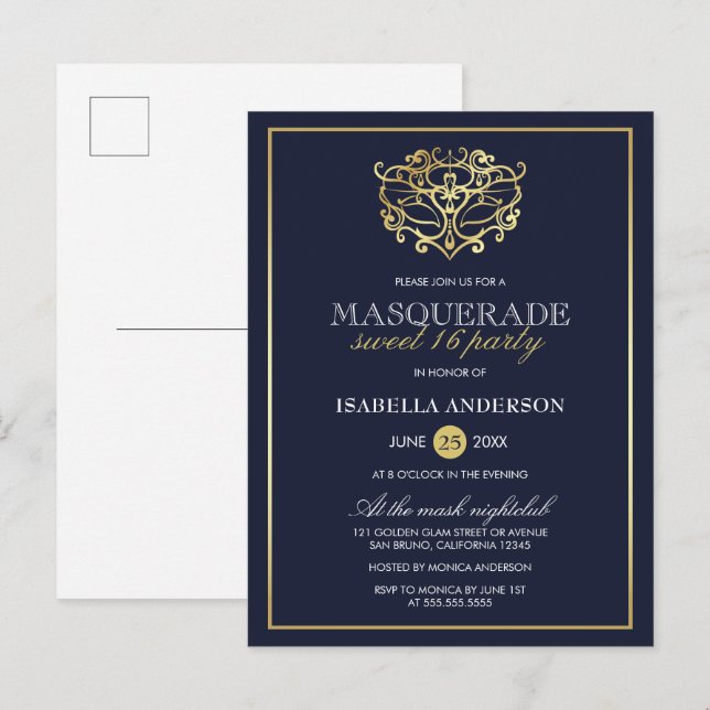 Elegant Navy Blue & Guld Masquerad Sweet 16 Party Inbjudan Vykort (Fram/baksida)