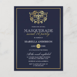 Elegant Navy Blue & Guld Masquerad Sweet 16 Party Inbjudan Vykort