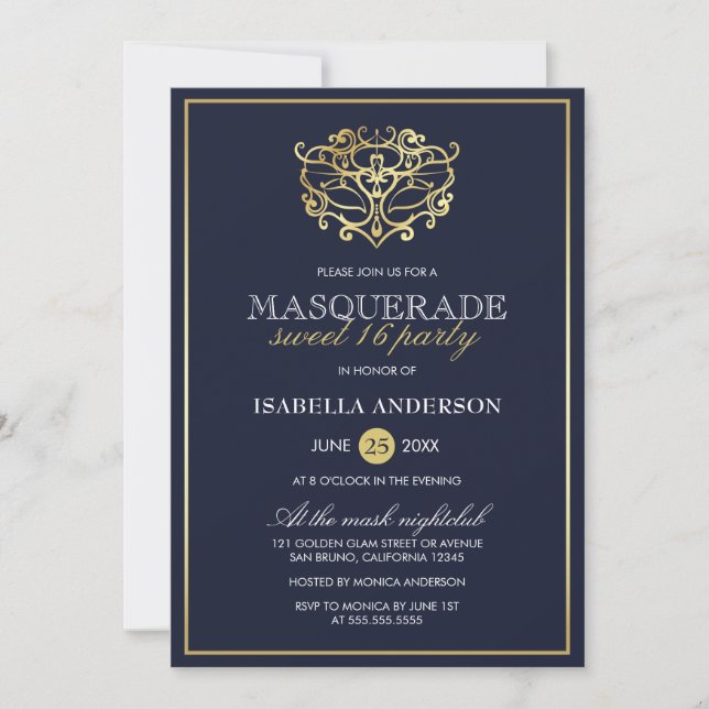 Elegant Navy Blue & Guld Masquerad Sweet 16 Party Inbjudningar (Framsida)