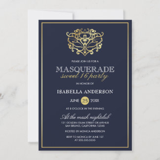 Elegant Navy Blue & Guld Masquerad Sweet 16 Party Inbjudningar