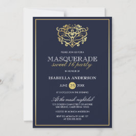 Elegant Navy Blue & Guld Masquerad Sweet 16 Party Magnetisk Inbjudningskort