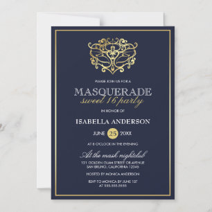 Elegant Navy Blue & Guld Masquerad Sweet 16 Party Magnetisk Inbjudningskort