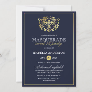 Elegant Navy Blue & Guld Masquerad Sweet 16 Party Magnetisk Inbjudningskort