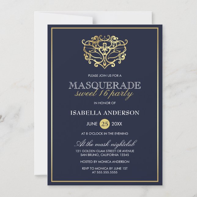 Elegant Navy Blue & Guld Masquerad Sweet 16 Party Magnetisk Inbjudningskort (Framsida)