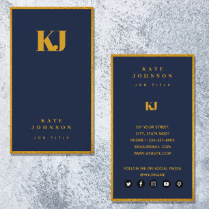 Elegant Navy Blue Guld Monogram Initialer Visitkort