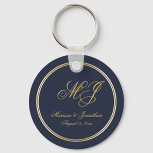 Elegant Navy Blue Guld Monogram Script Bröllop Nyckelring