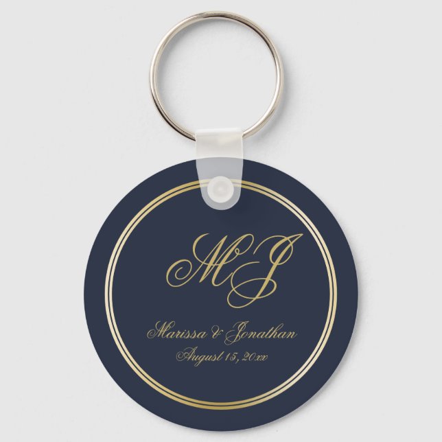 Elegant Navy Blue Guld Monogram Script Bröllop Nyckelring (Framsida)