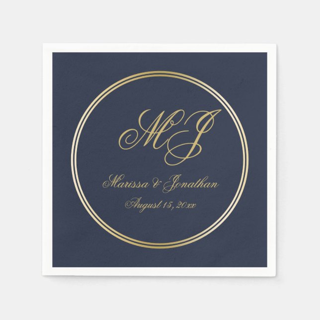 Elegant Navy Blue Guld Monogram Script Bröllop Pappersservett (Framsidan)