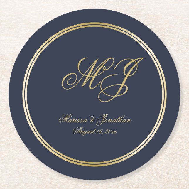 Elegant Navy Blue Guld Monogram Script Bröllop Underlägg Papper Rund (Framsidan)