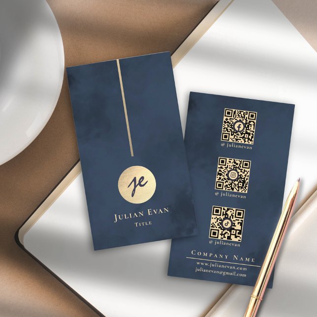 Elegant Navy Blue & Guld Monogram Social Media Visitkort (Elegant Navy Blue & Gold Monogram Social Media Business Card)