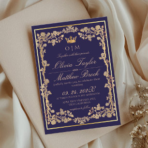 Elegant Navy Blue & Guld Ornate Ram Bröllop Inbjudningar