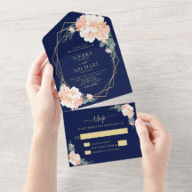 Elegant Navy Blue Guld Peach Blommigt Bröllop
