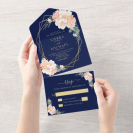 Elegant Navy Blue Guld Peach Blommigt Bröllop