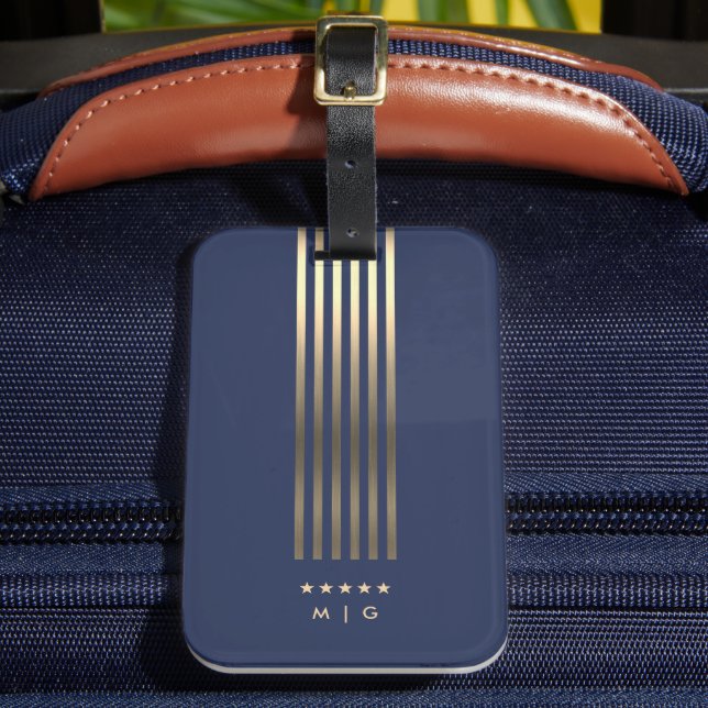 Elegant Navy Blue Guld Rand Stars Monogram Bagagebricka (Framsida Insitu 2)