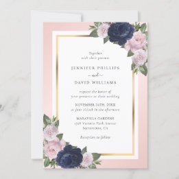 Elegant Navy Blue Guld Rosa Blommigt Bröllop Inbjudningar
