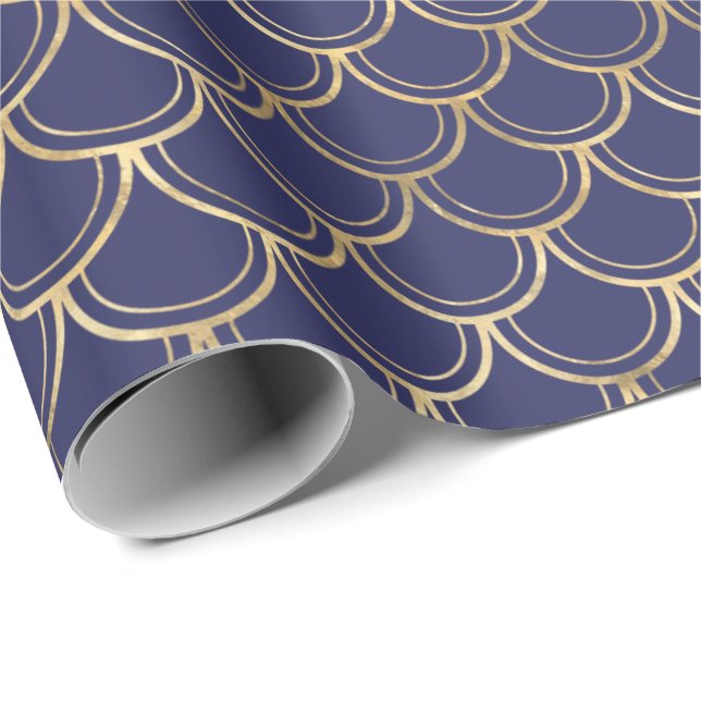 Elegant Navy Blue Guld Scallop Mönster Presentpapper (Rullad Hörn)