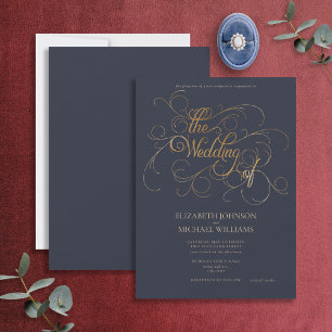 Elegant Navy Blue & Guld Script Bröllop Inbjudningar