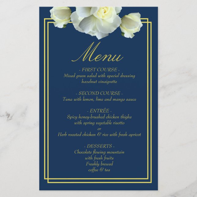 Elegant Navy Blue Guld Script Menu Dbl Ram Card (Framsida)