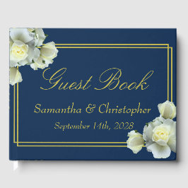 Elegant Navy Blue Guld Script Vit ros Bröllop Gästböcker