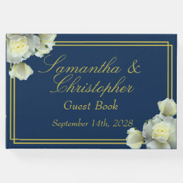 Elegant Navy Blue Guld Script Vit ros Bröllop Gästböcker