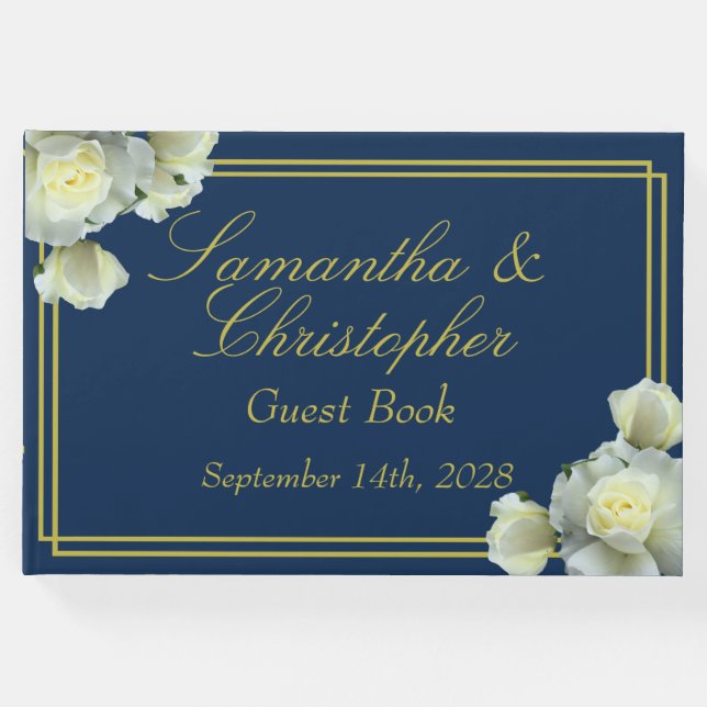 Elegant Navy Blue Guld Script Vit ros Bröllop Gästböcker (Framsida)