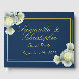 Elegant Navy Blue Guld Script Vit ros Bröllop Gästböcker