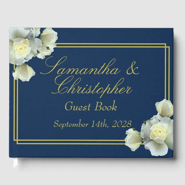 Elegant Navy Blue Guld Script Vit ros Bröllop Gästböcker (Framsida)
