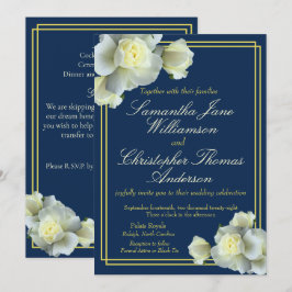 Elegant Navy Blue Guld Script Vit ros Bröllop Inbjudningar