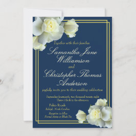 Elegant Navy Blue Guld Script Vit ros Bröllop Inbjudningar