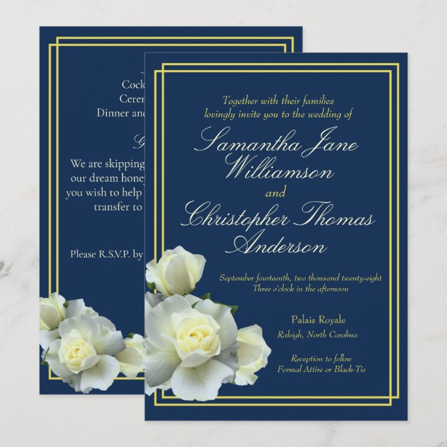 Elegant Navy Blue Guld Script Vit ros Bröllop Inbjudningar (Fram/baksida)