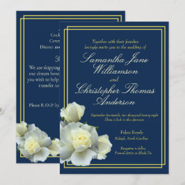 Elegant Navy Blue Guld Script Vit ros Bröllop Inbjudningar