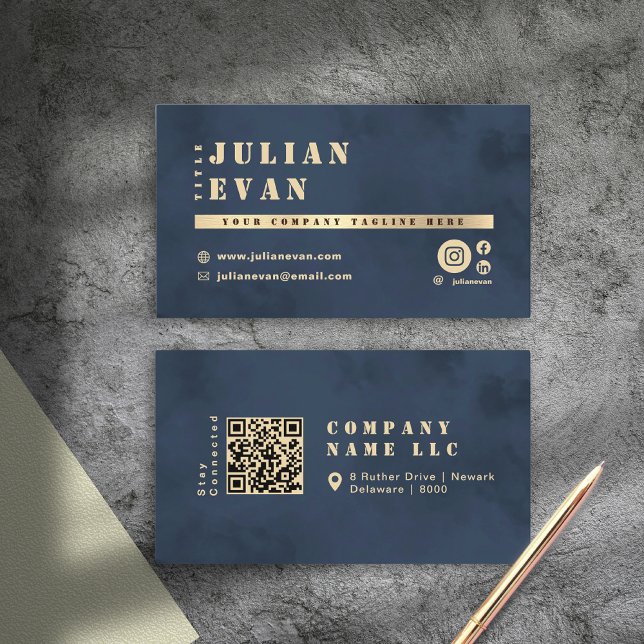 Elegant Navy Blue & Guld Shiny Bold Typography Visitkort (Elegant Navy blue & Gold Shiny Bold Typography Business Card)