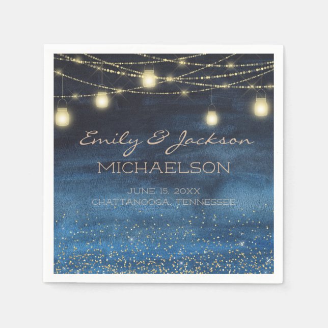 Elegant Navy Blue Guld String Ljus Lanterns Pappersservett (Framsidan)