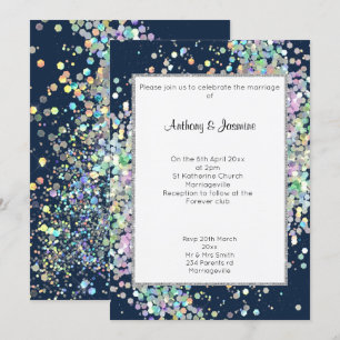 ELEGANT NAVY BLUE HOLOGRAPHIC PASTEL BRÖLLOP INBJUDNINGAR