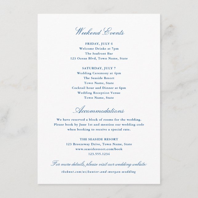 Elegant Navy Blue Hotel and Helg Events Tilläggskort (Framsida)