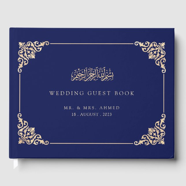 Elegant Navy Blue Islamic Bröllop Gästböcker (Framsida)