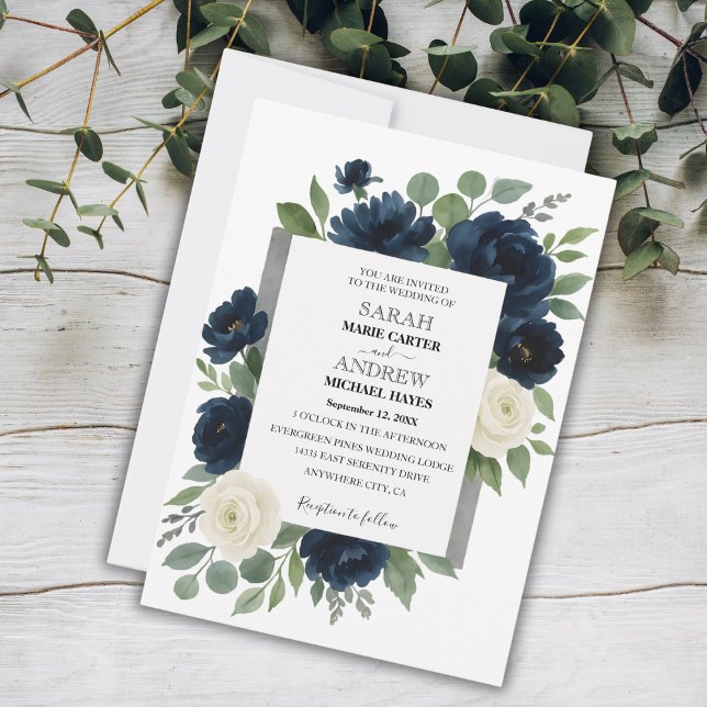Elegant Navy Blue & Ivory Blommigt Bröllop Inbjudningar (Elegant Navy Blue & Ivory Floral Wedding Invitation)