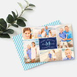 Elegant Navy Blue jul Monogram Photo Collage Julkort<br><div class="desc">Snyggtens fotosamlingskort för helgdagarna innehåller sex (6) av dina favoritfoton från familjen från året med anpassningsbarna "God jul / varmaste Önskemål" och monogramtext. På baksidan av kortet finns ett mönster med diagonalt vitt rand. Observera att marin blå bakgrund vit och bassäng blå text i färg kan ändras för att samordna...</div>