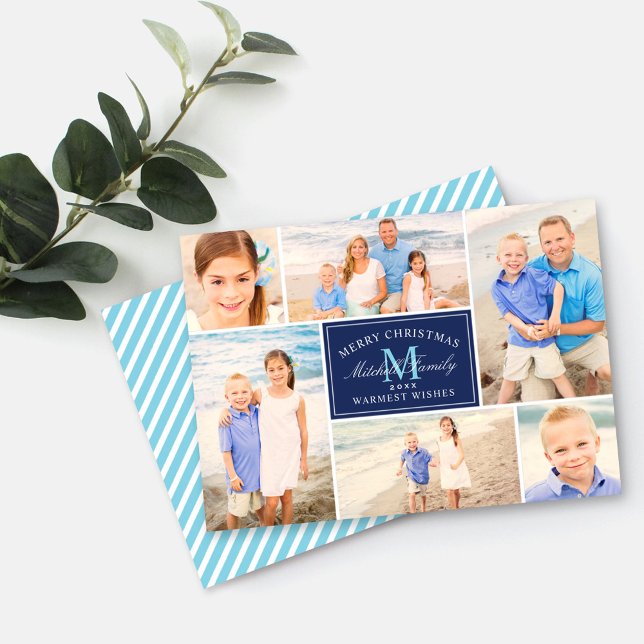 Elegant Navy Blue jul Monogram Photo Collage Julkort (Skapare uppladdad)