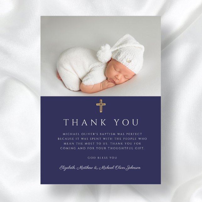 Elegant Navy Blue Kor Boy Baptism Photo Tack Kort (Elegant Navy Blue Cross Boy Baptism Photo Thank You Card)