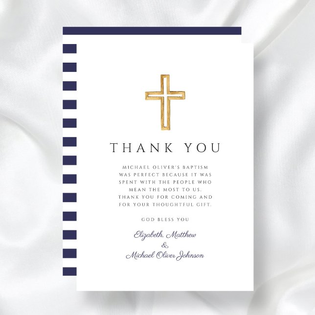 Elegant Navy Blue Kor Boy Baptism Tack Kort (Elegant Navy Blue Cross Boy Baptism Thank You Card)