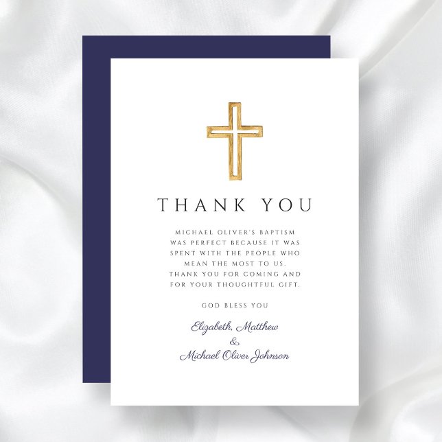Elegant Navy Blue Kor Boy Baptism Tack Kort (Elegant Navy Blue Cross Boy Baptism Thank You Card)