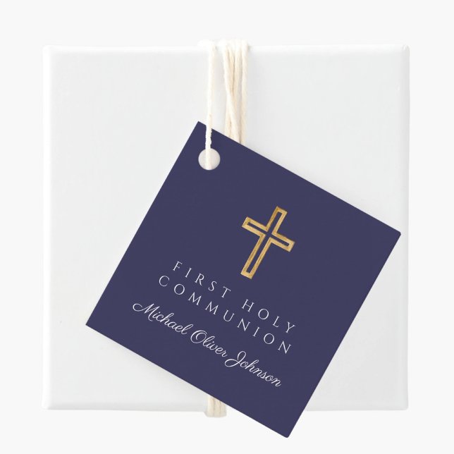 Elegant Navy Blue Kor Boy First Communion Gåvor Etiketter (Elegant Navy Blue Cross Boy First Communion Favor Tags)