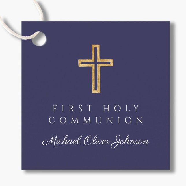 Elegant Navy Blue Kor Boy First Communion Gåvor Etiketter (Elegant Navy Blue Cross Boy First Communion Favor Tags)
