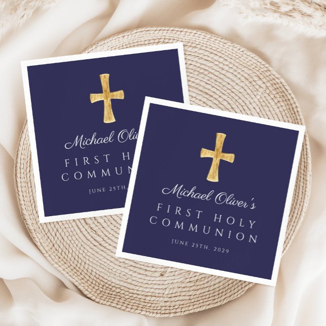 Elegant Navy Blue Kor Boy First Communion Pappersservett (Elegant Navy Blue Cross Boy First Communion Napkins)