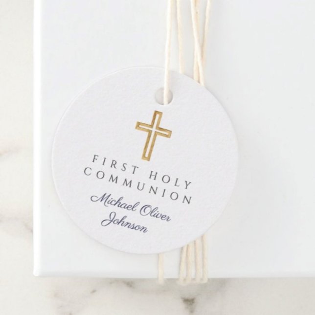 Elegant Navy Blue Kor Boy First CommuniRound Gåvor Etiketter (Elegant Navy Blue Cross Boy First Communion Round Favor Tags)
