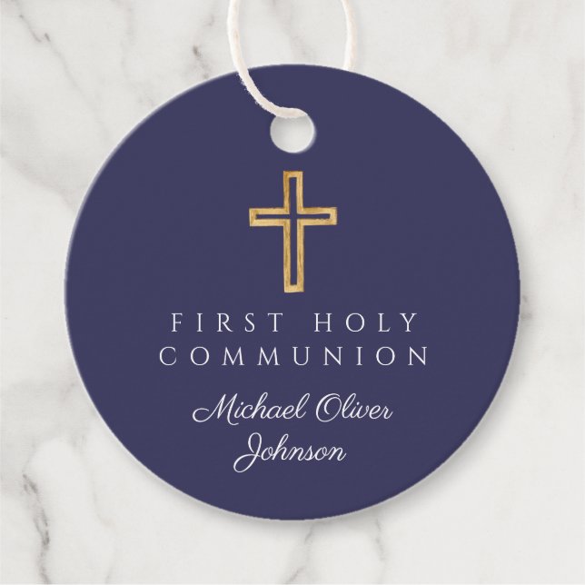 Elegant Navy Blue Kor First CommuniRound Gåvor Etiketter (Framsida)
