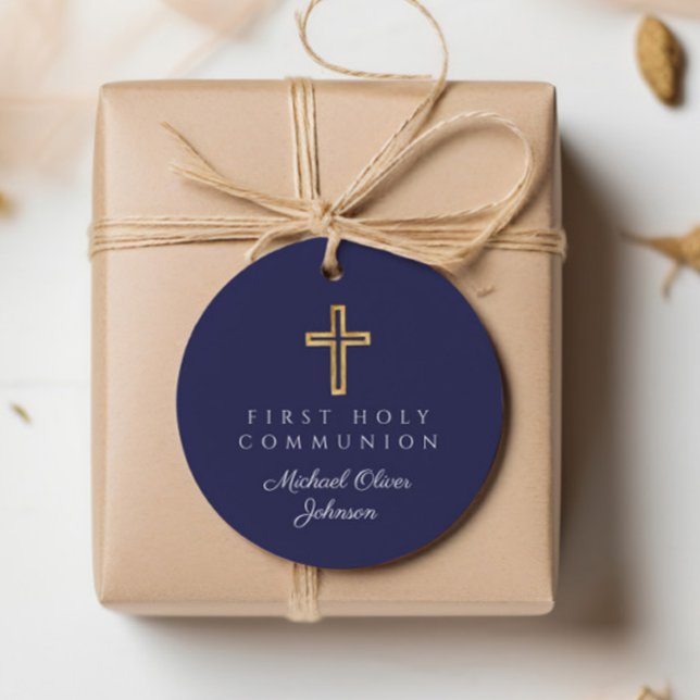 Elegant Navy Blue Kor First CommuniRound Gåvor Etiketter (Elegant Navy Blue Cross First Communion Round Favor Tags)
